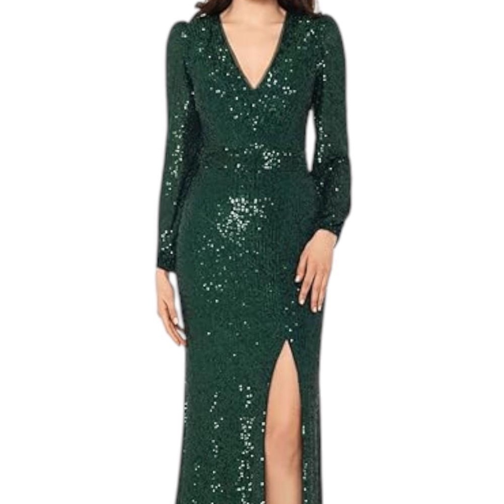 Size 4 Xscape Long Sleeve Long V-Neck Sequin Gown Hunter Green NWT